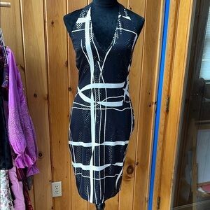 Vintage‎ dress halter Jessica McClintock Black White abstract color-block 6